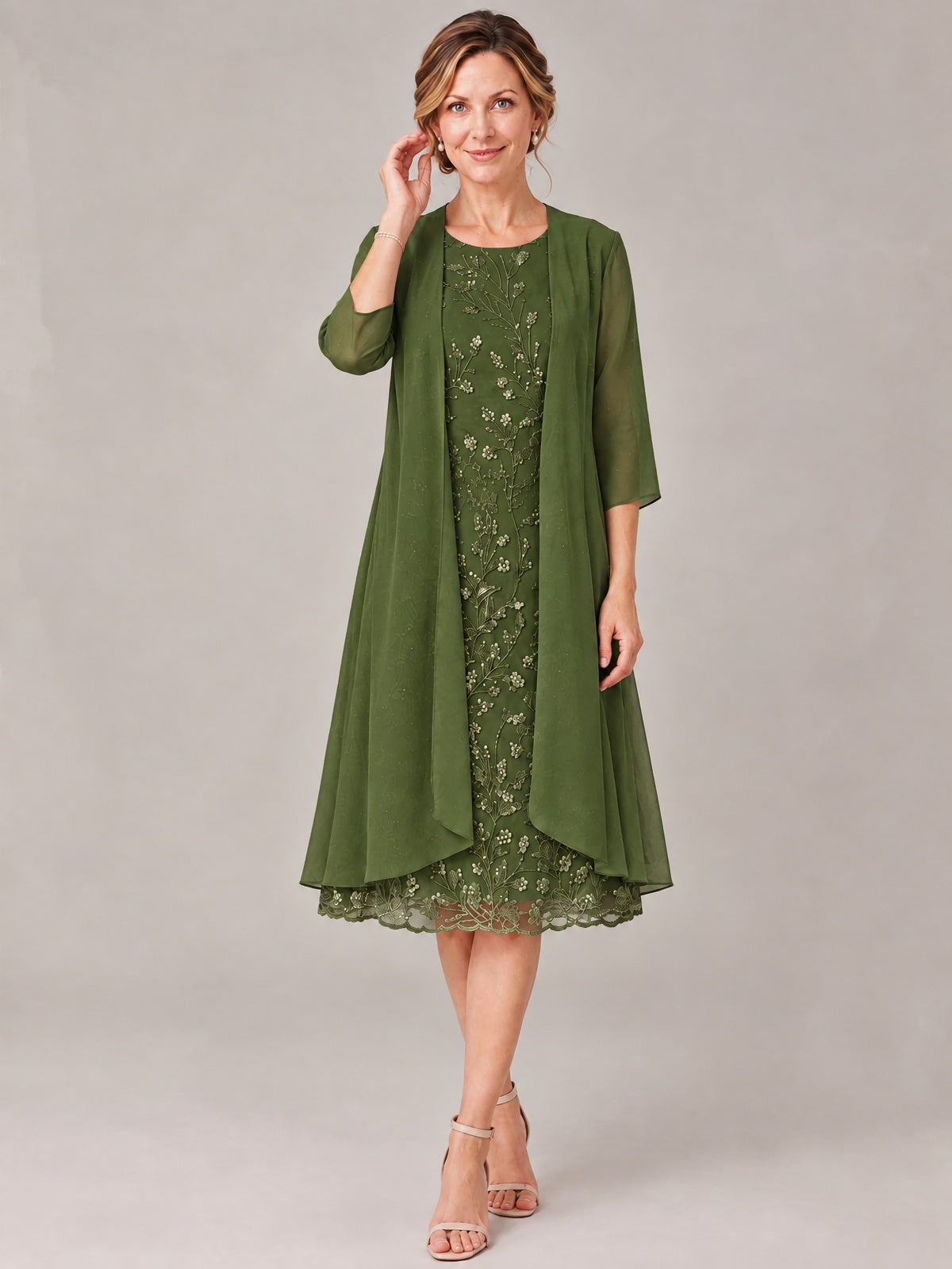 Tea Length Sequin Lace Mother of The Bride Dress with Chiffon Jacket