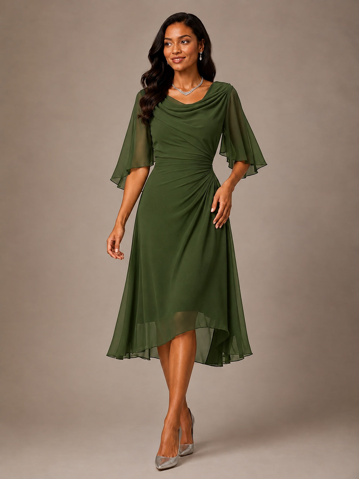 Cowl Neck Ruched Chiffon Mother of the Bride Dresses with Flutter Sleeves