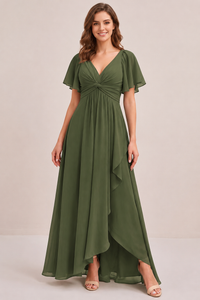 Dusty Blue Chiffon Bridesmaid Dress with Flutter Sleeves & High-Low Hem