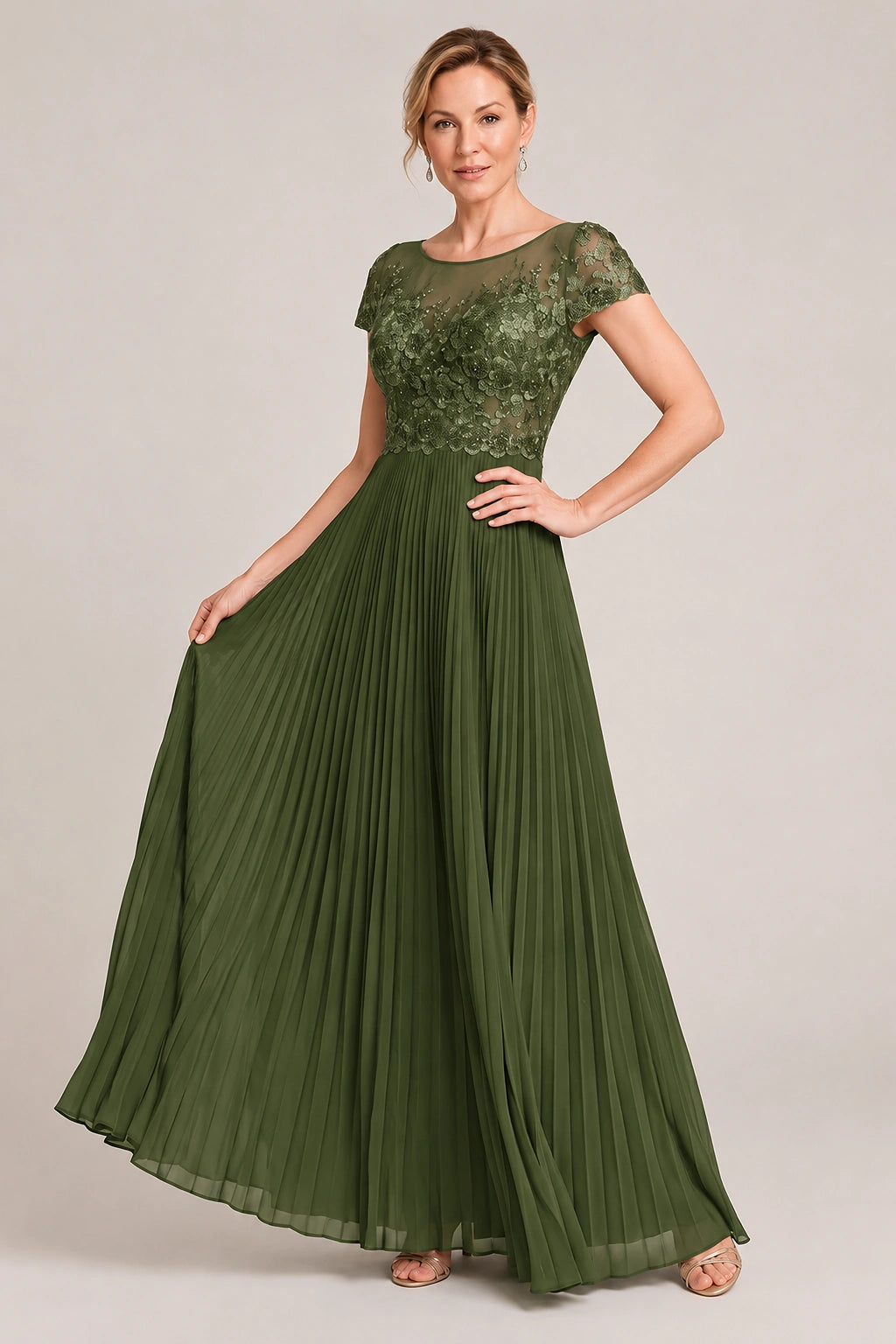 Embroidered Lace Pleated Mother of the Bride Dress