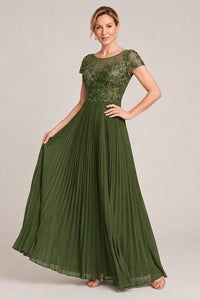 Embroidered Lace Pleated Mother of the Bride Dress