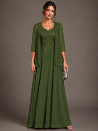 A-line 2 Pieces Chiffon Appliques Mother of The Bride Dresses with Jackets