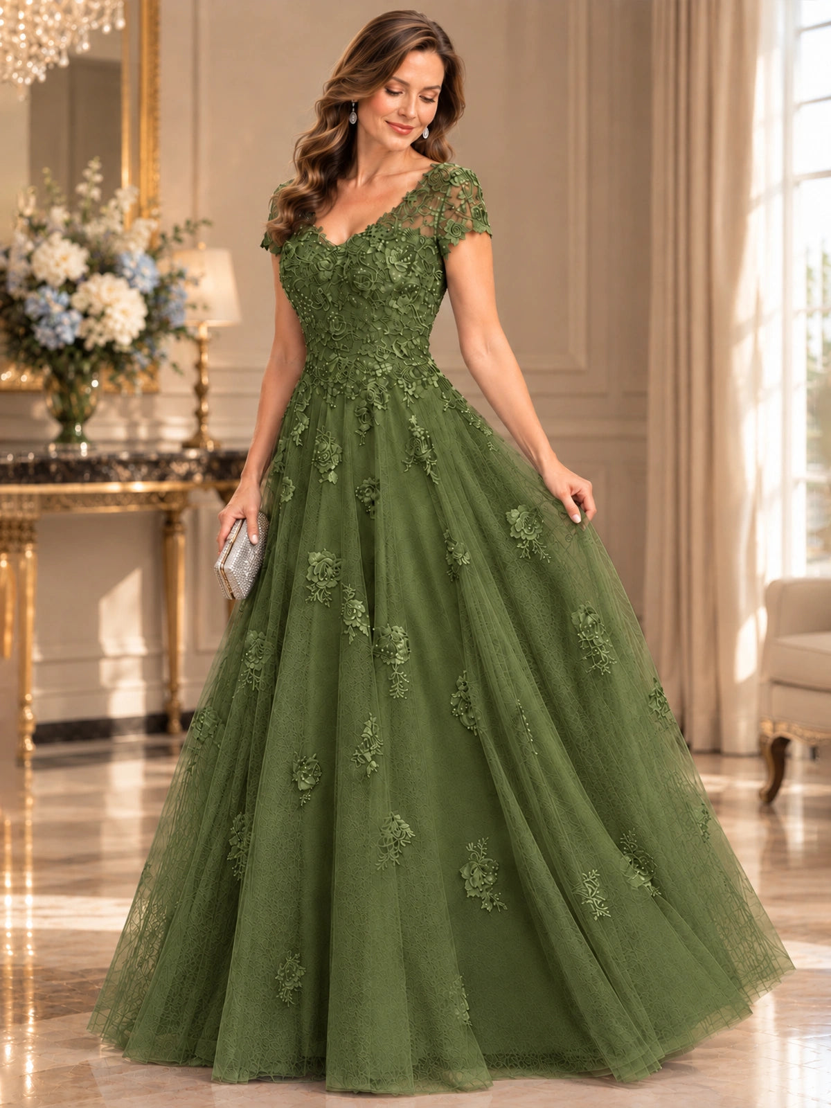 Lace Appliques A-line Mother of The Bride Dresses with Short Sleeves
