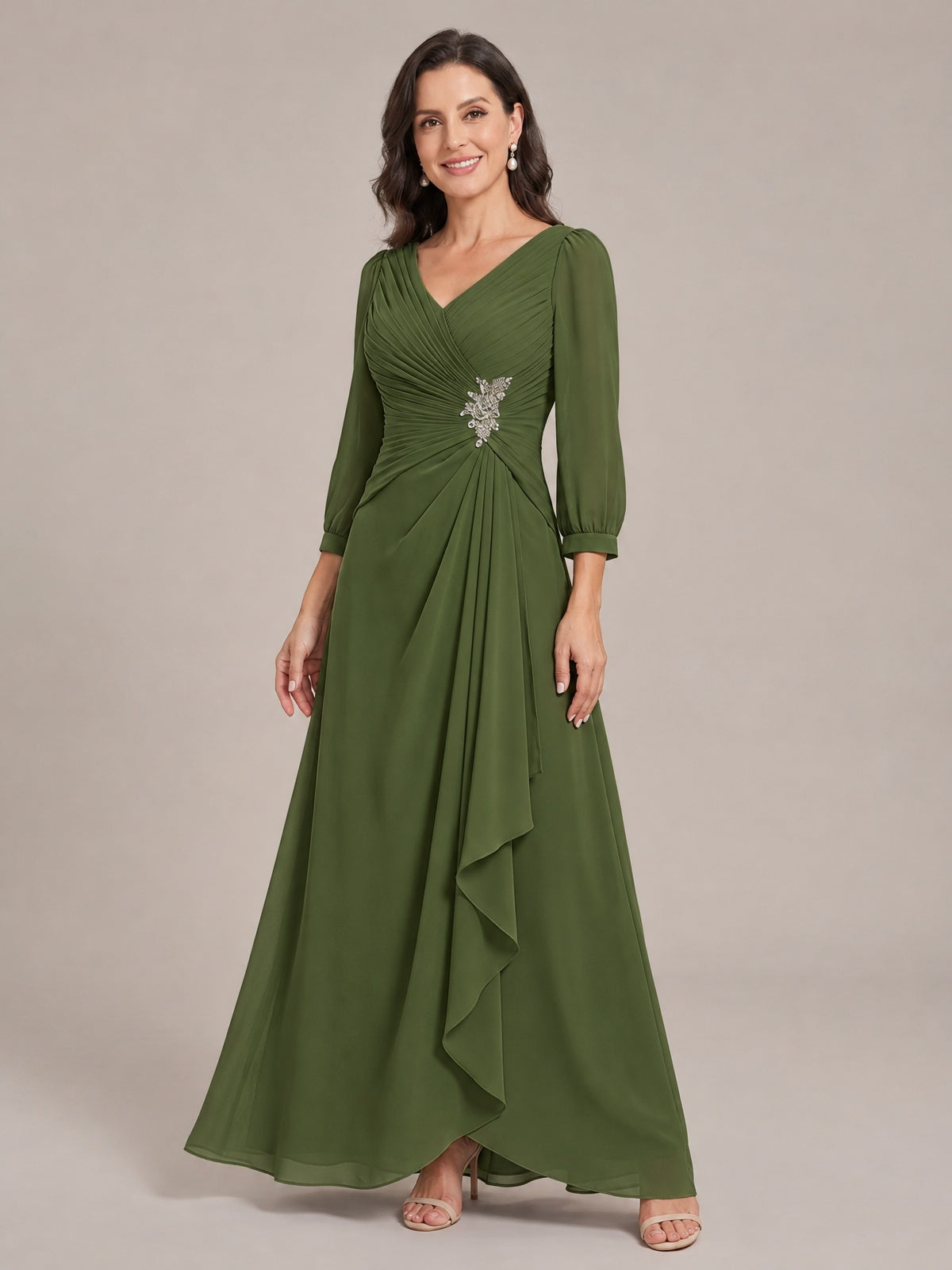 V-Neck Pleated Chiffon Mother of the Bride Dress with Flutter Sleeves