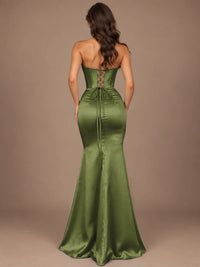 Dusty Blue Strapless Lace Corset Prom Dress with High Slit