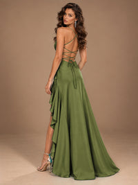 Burgundy Spaghetti Strap Ruched Prom Dress with Ruffled High Slit