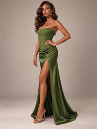 Burgundy Strapless Sparkly Corset Prom Dress with High Slit