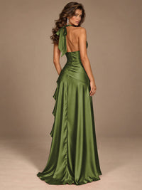 Burgundy Halter Deep V-Neck Ruched High Slit Ruffle Prom Dress