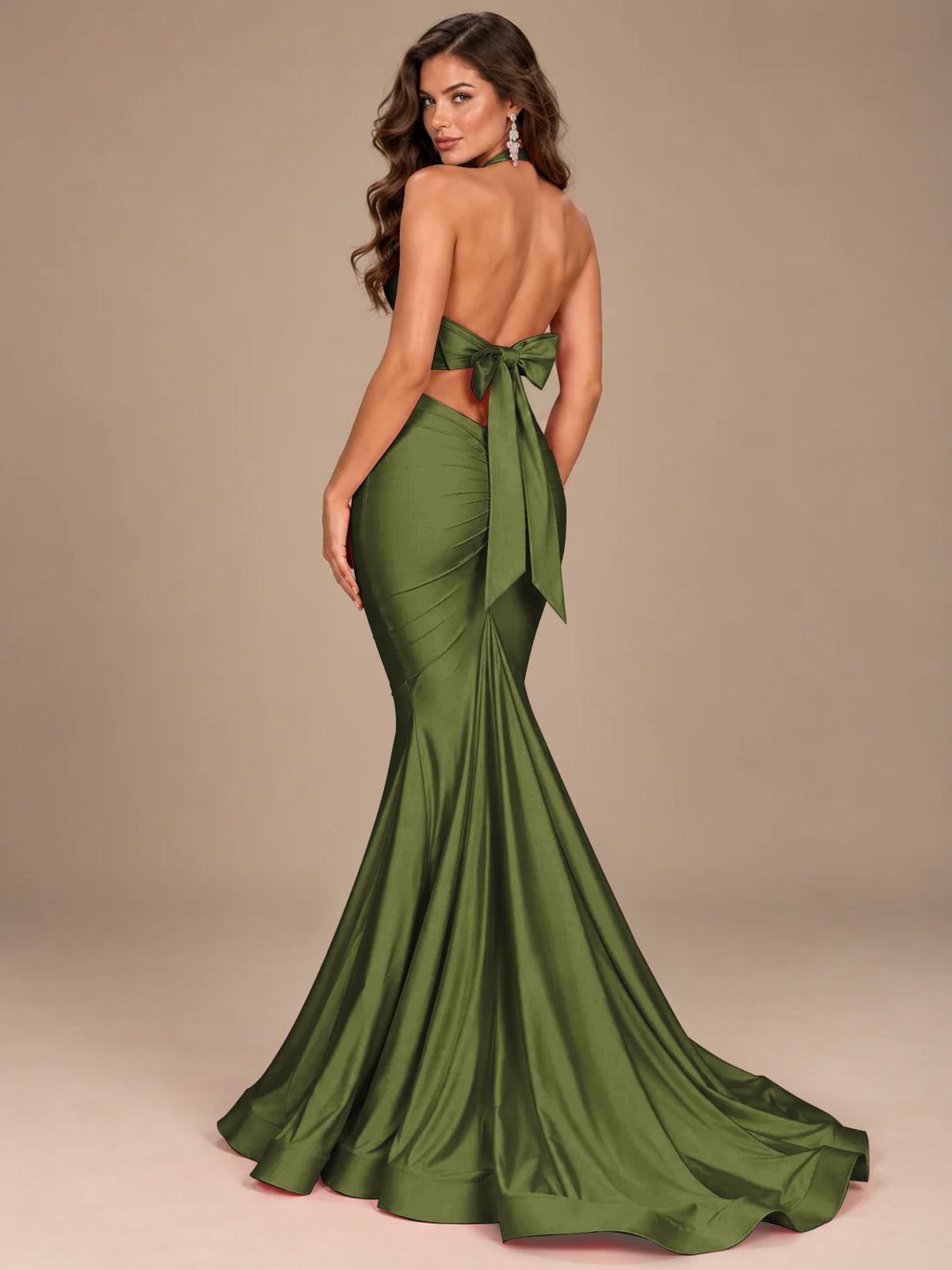 Pink Halter Deep V-Neck Ruched Mermaid Prom Dress