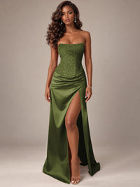 Burgundy Strapless Sparkly Corset Prom Dress with High Slit