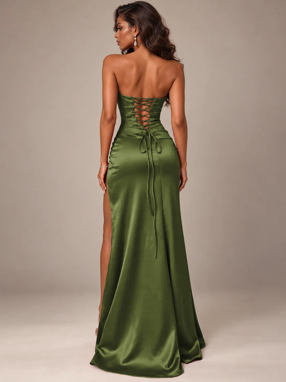 Burgundy Strapless Sparkly Corset Prom Dress with High Slit