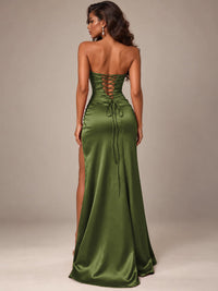 Burgundy Strapless Sparkly Corset Prom Dress with High Slit