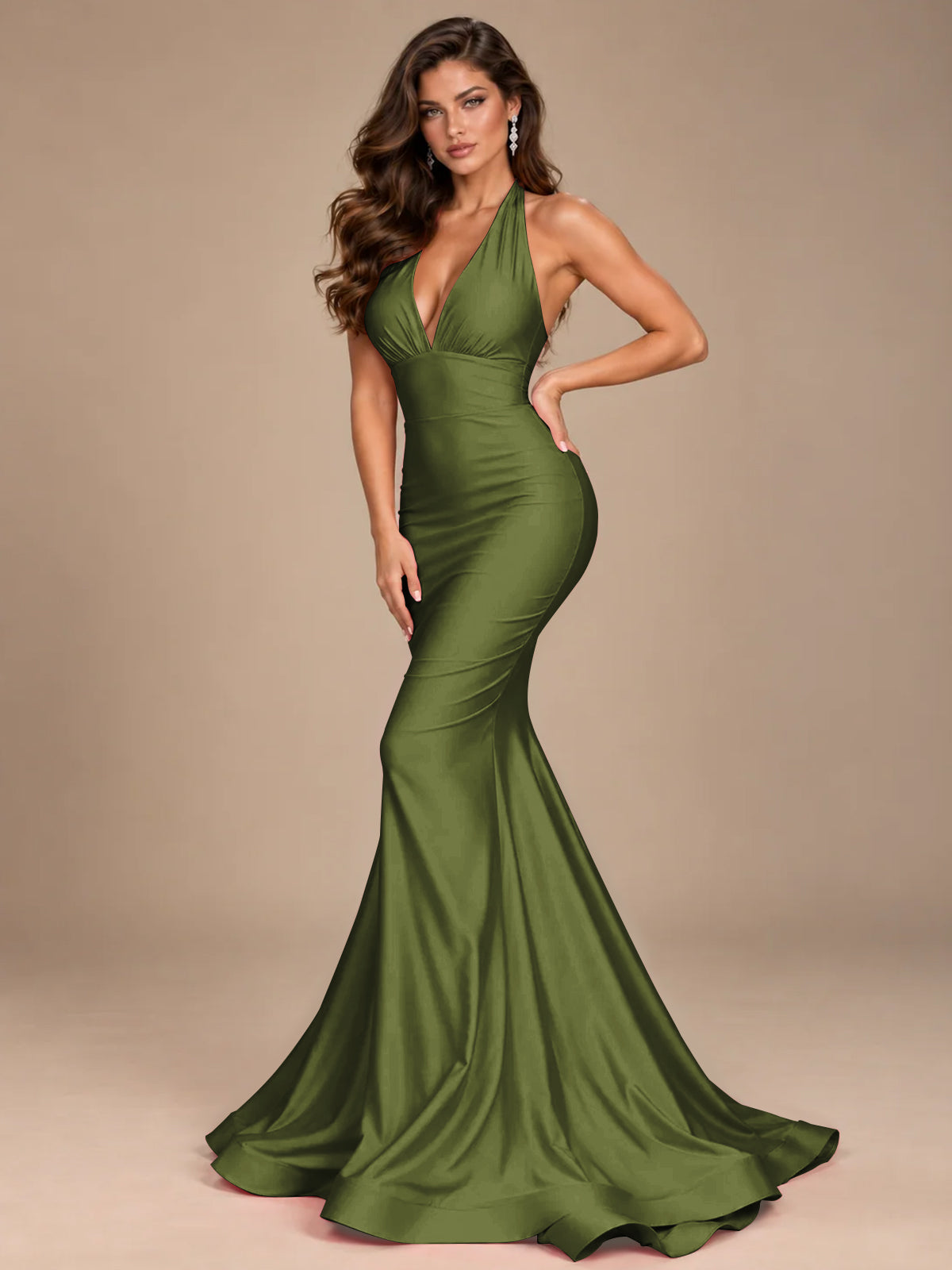 Pink Halter Deep V-Neck Ruched Mermaid Prom Dress