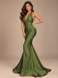 Pink Halter Deep V-Neck Ruched Mermaid Prom Dress
