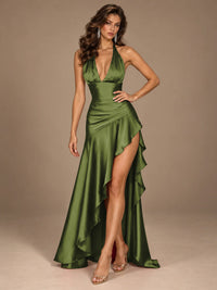 Burgundy Halter Deep V-Neck Ruched High Slit Ruffle Prom Dress