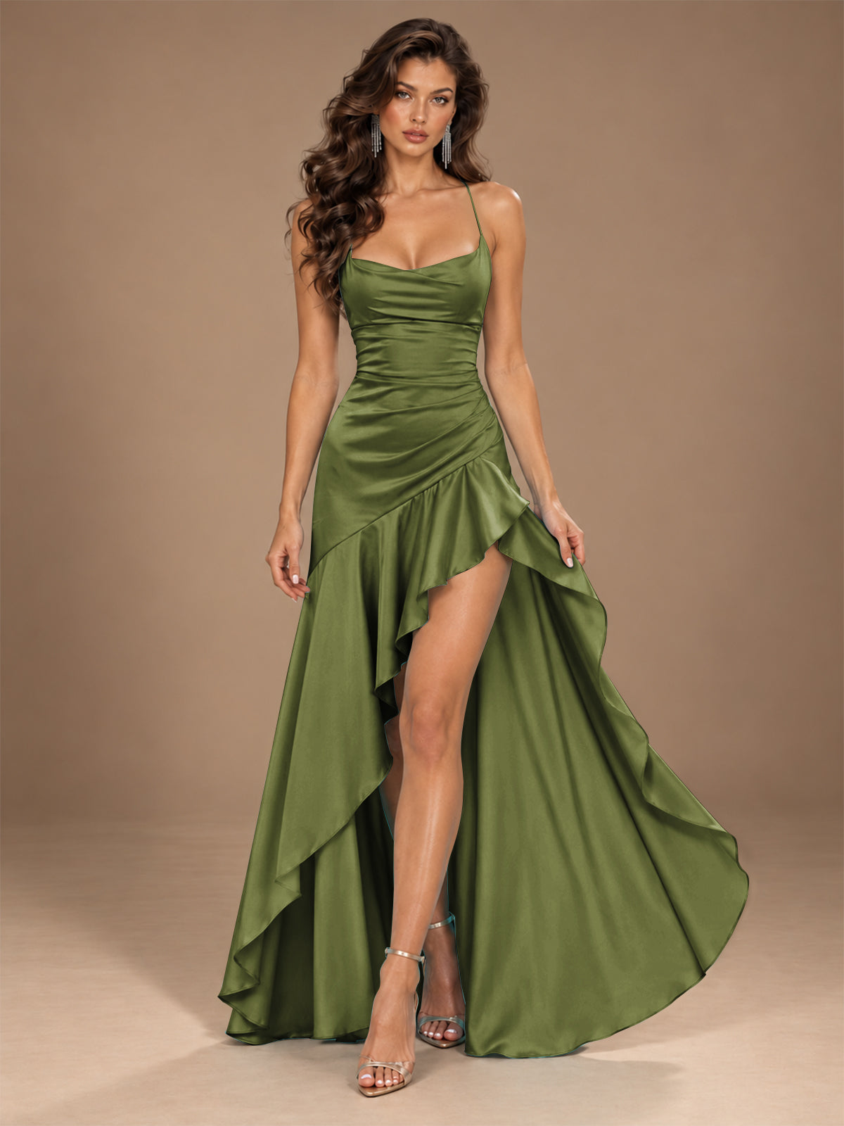 Burgundy Spaghetti Strap Ruched Prom Dress with Ruffled High Slit
