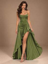Burgundy Spaghetti Strap Ruched Prom Dress with Ruffled High Slit