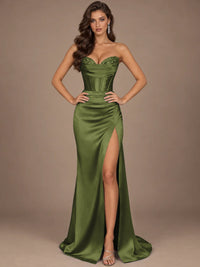 Dusty Blue Strapless Lace Corset Prom Dress with High Slit
