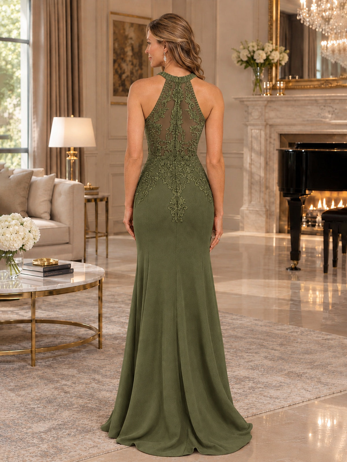 Halter Neckline Lace Appliques Mother of The Bride Dresses
