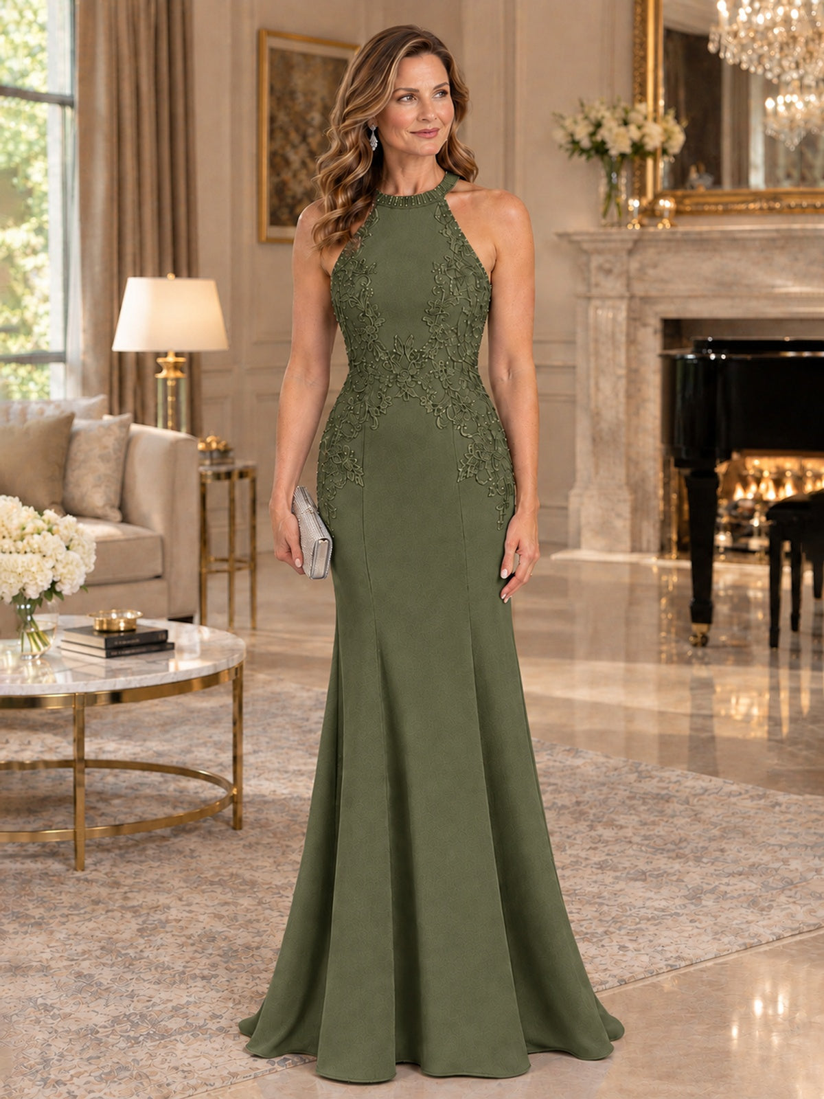 Halter Neckline Lace Appliques Mother of The Bride Dresses