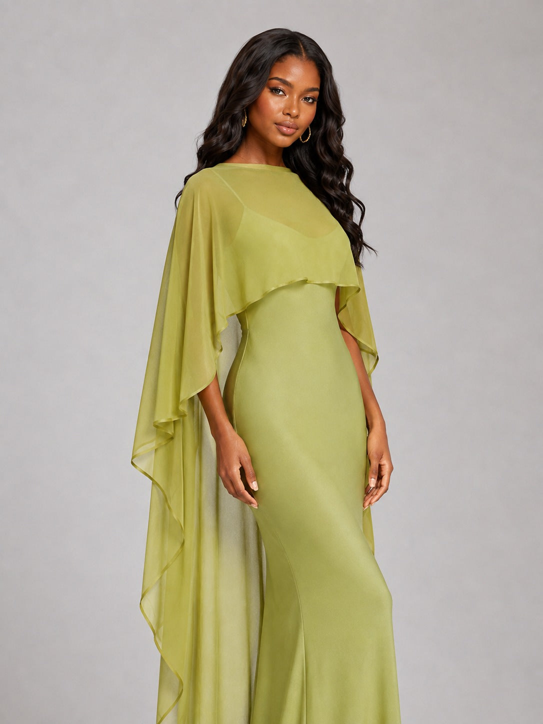 Olive Green Satin Cape Maxi Dress