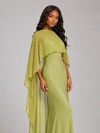 Olive Green Satin Cape Maxi Dress