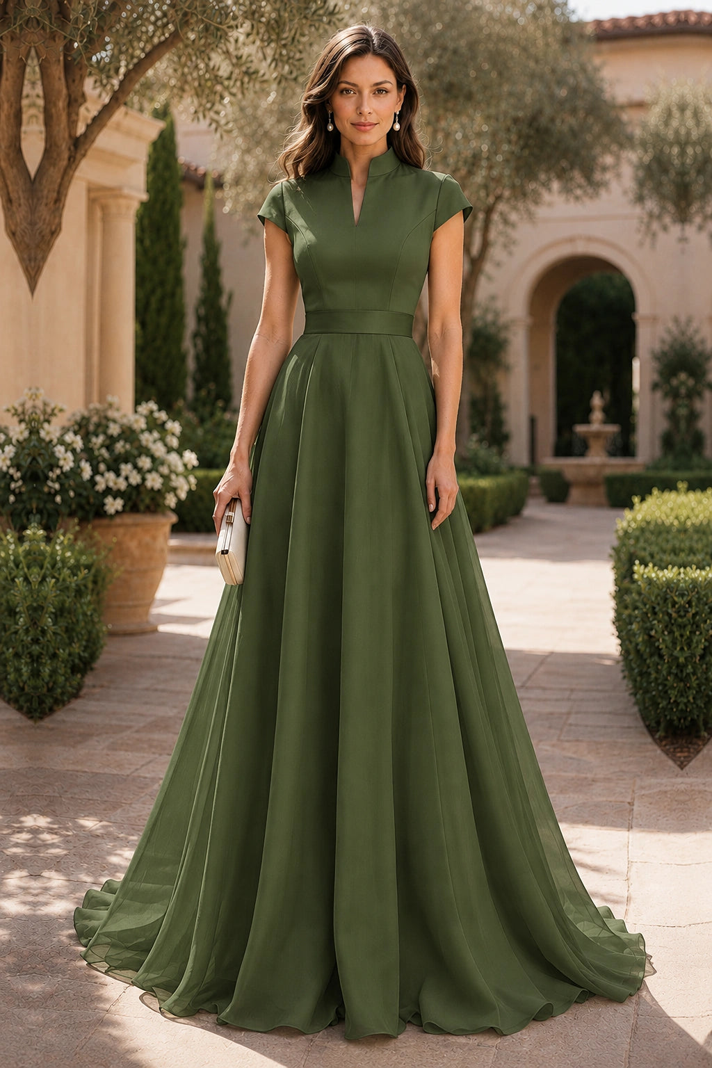 V Neck Cap Sleeve A-Line Floor-Length Satin Bridesmaid Dress
