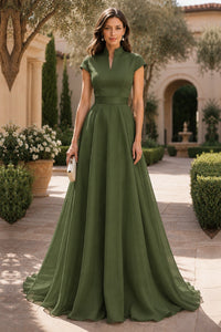 V Neck Cap Sleeve A-Line Floor-Length Satin Bridesmaid Dress