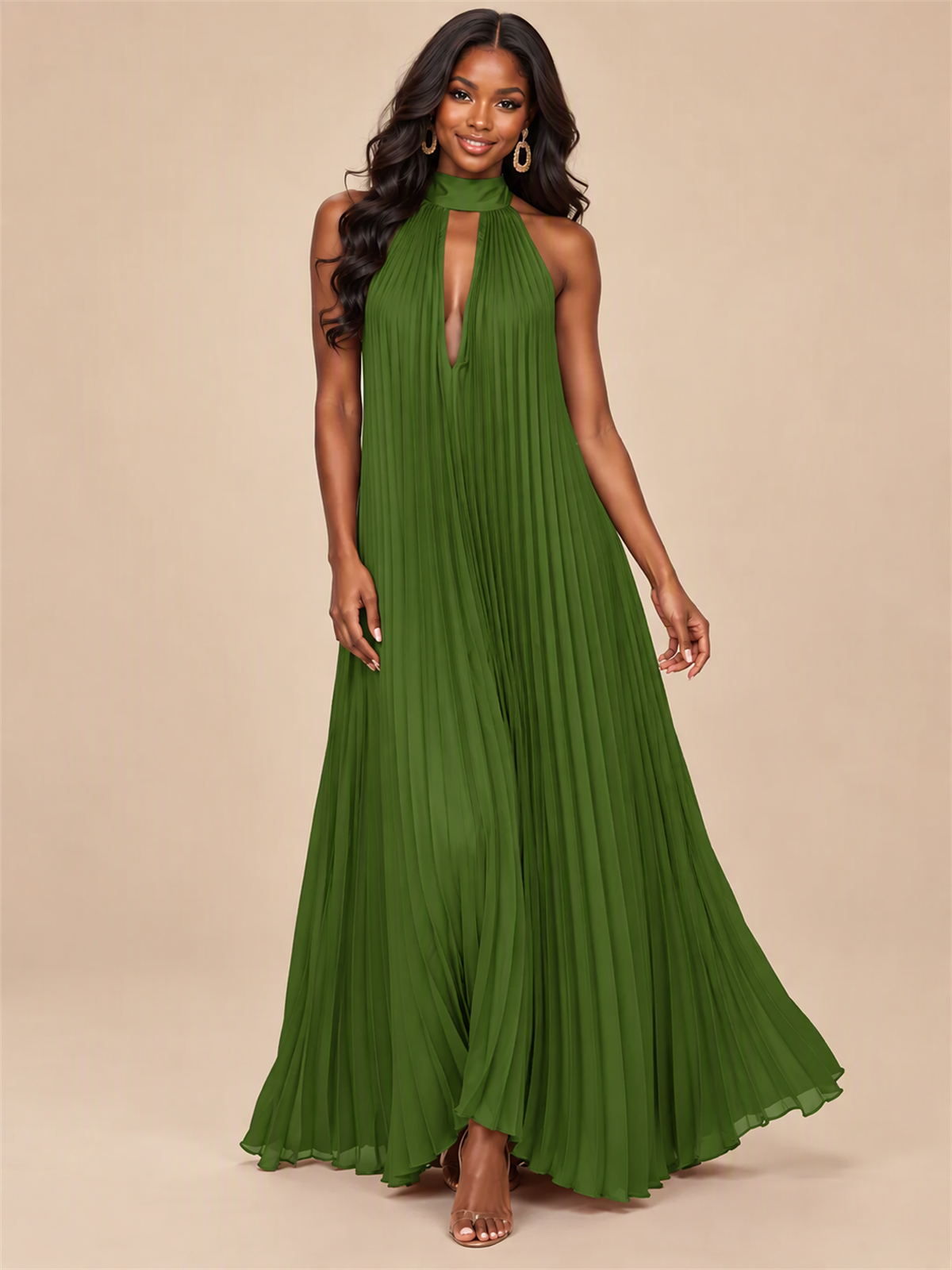 Rust Orange Pleated Halter Neck Maxi Dress