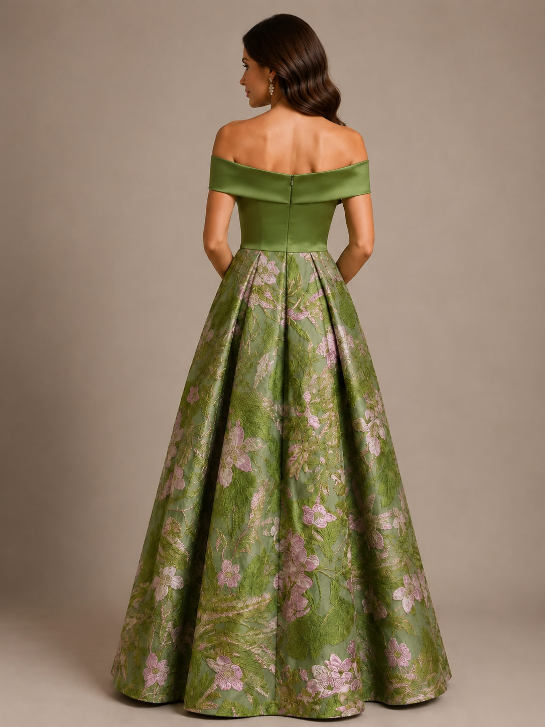 Olive green off shoulder floral brocade ball gown with full skirt