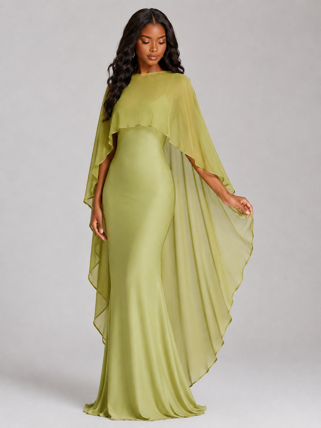 Olive green satin fabric detail on Jovellee maxi dress