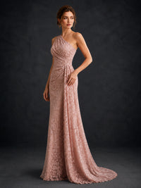 One-Shoulder Ruched Floral Lace Floor-Length Prom Dress