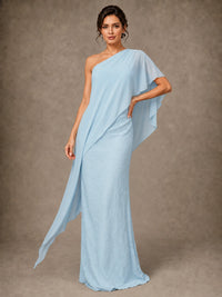 Light blue one shoulder chiffon mother of the bride gown with cape overlay and floral applique