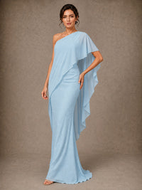Floor-length light blue one shoulder chiffon formal gown with floral applique