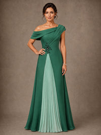 Emerald green one shoulder chiffon mother of the bride gown with contrast pleated front panel