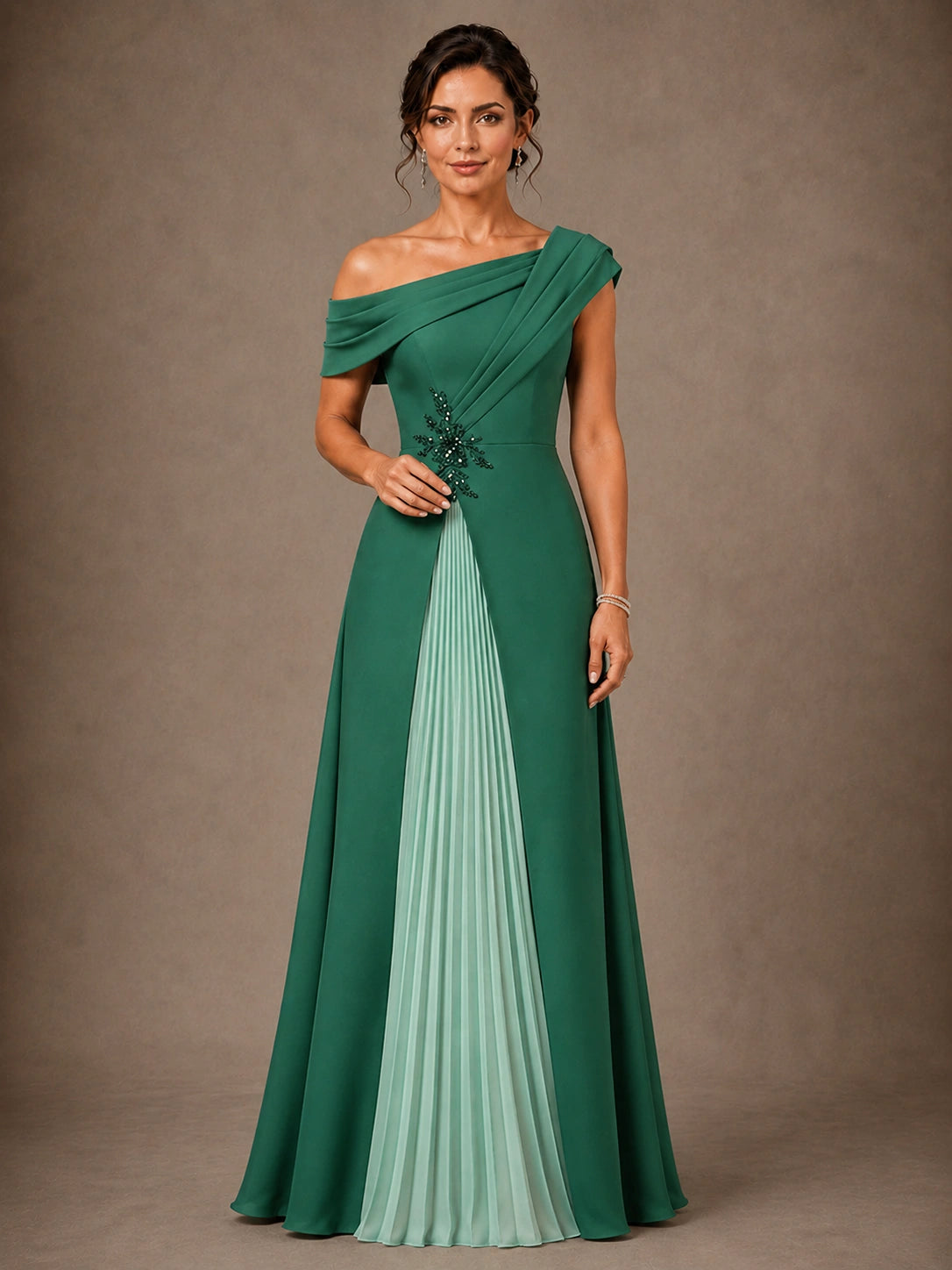 Jovellee asymmetric chiffon mother of the bride dress with embellished waist