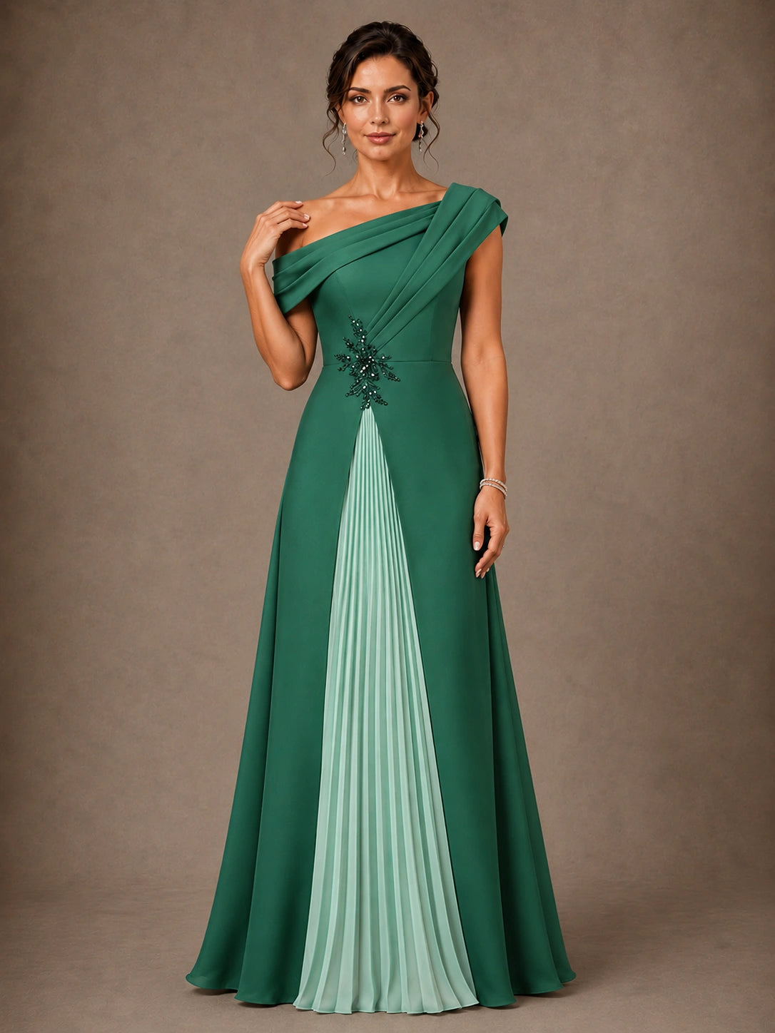 Floor-length A-line chiffon formal gown with draped one shoulder neckline