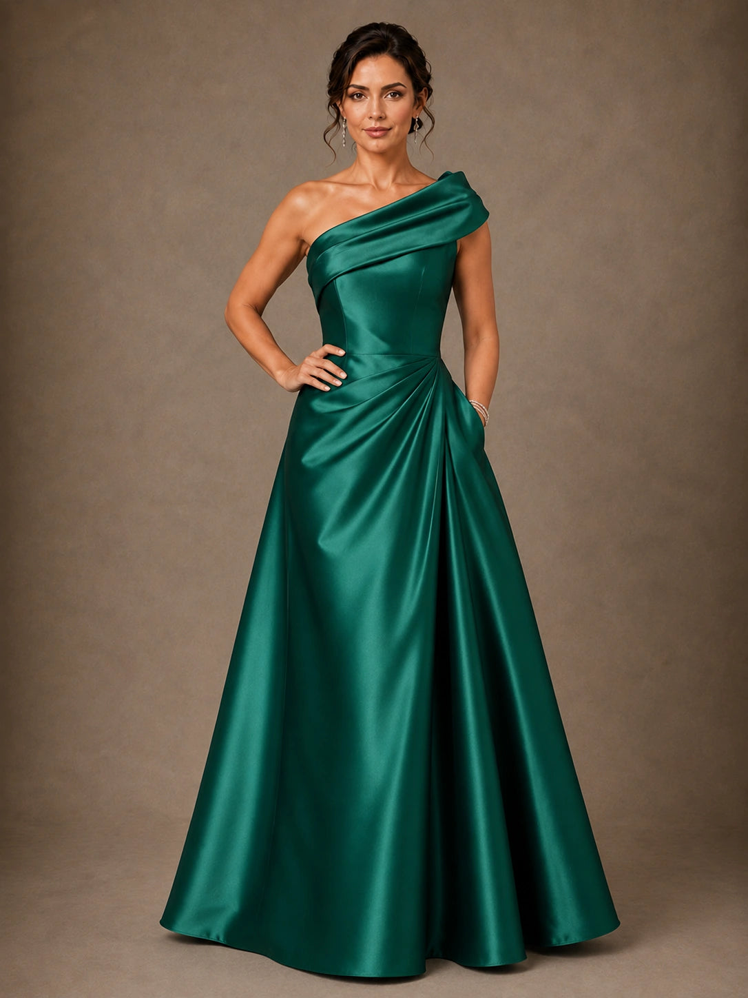 One Shoulder Draped Satin A-Line Mother of the Bride Dress