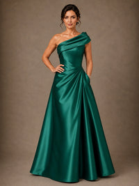 One Shoulder Draped Satin A-Line Mother of the Bride Dress