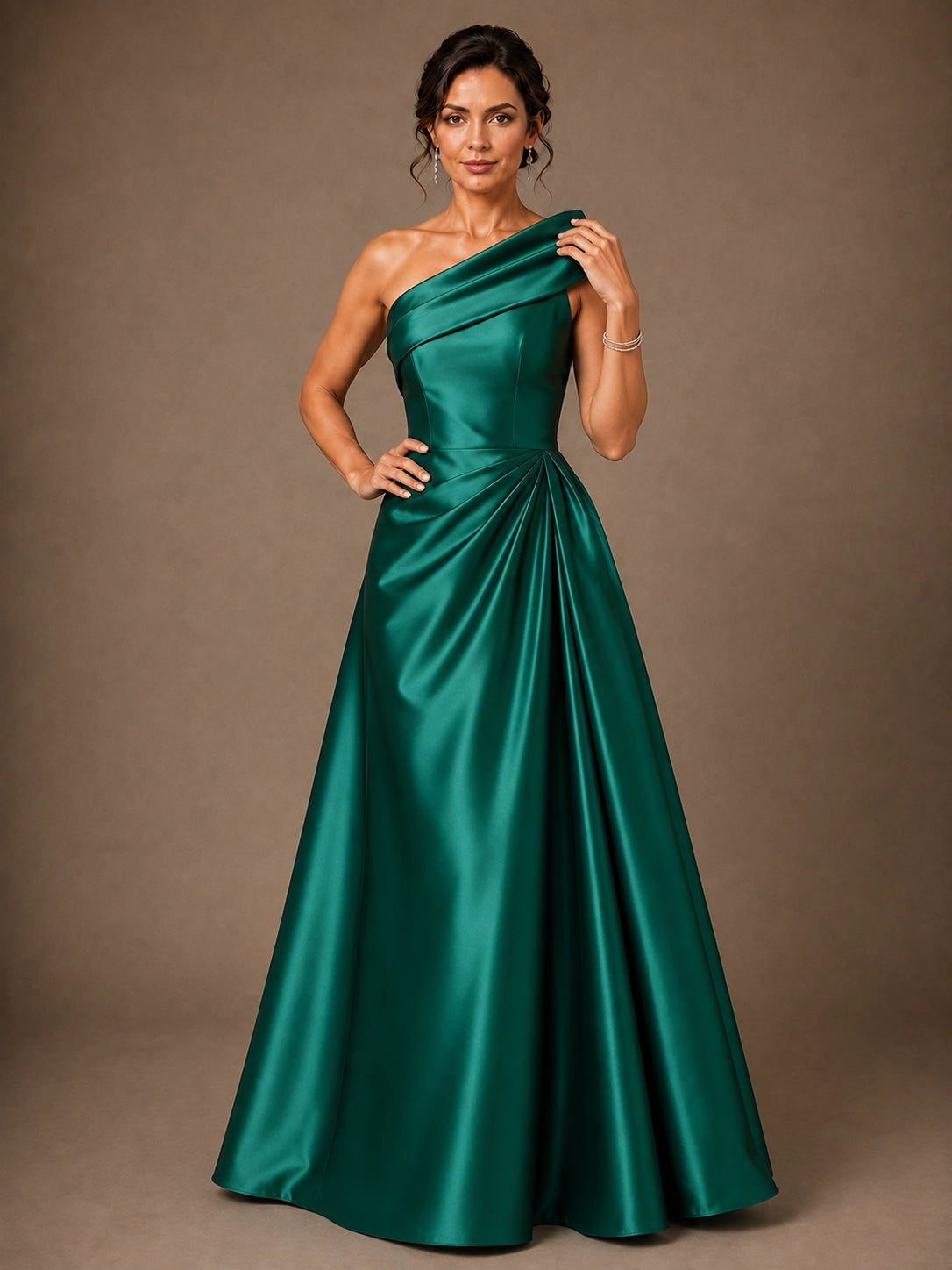 One Shoulder Draped Satin A-Line Mother of the Bride Dress