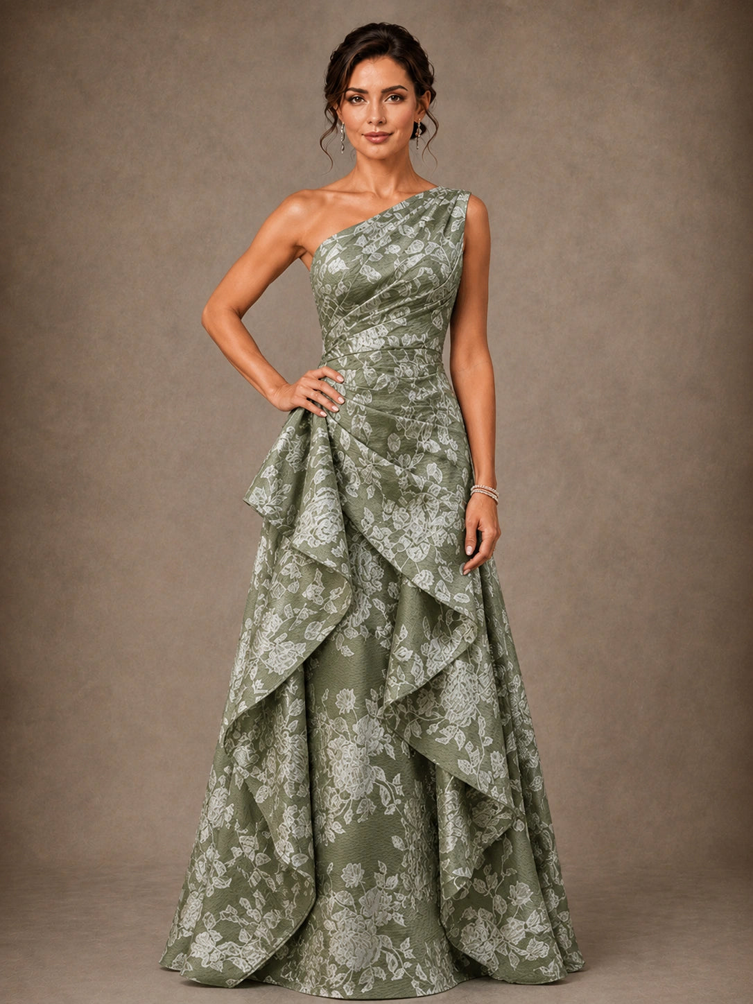 One Shoulder Floral Jacquard Mother of the Bride Gown