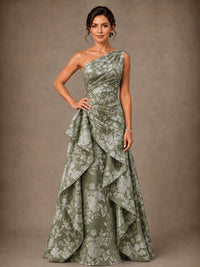One Shoulder Floral Jacquard Mother of the Bride Gown