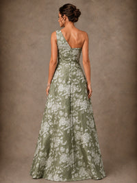 One Shoulder Floral Jacquard Mother of the Bride Gown