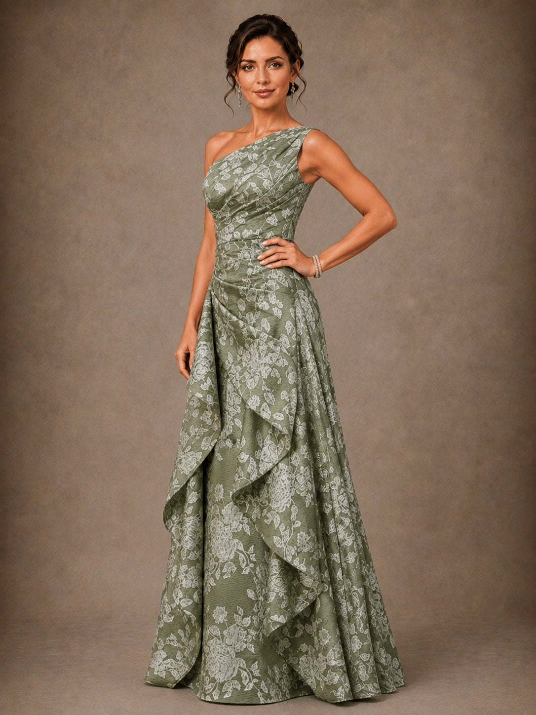 One Shoulder Floral Jacquard Mother of the Bride Gown