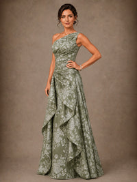 One Shoulder Floral Jacquard Mother of the Bride Gown
