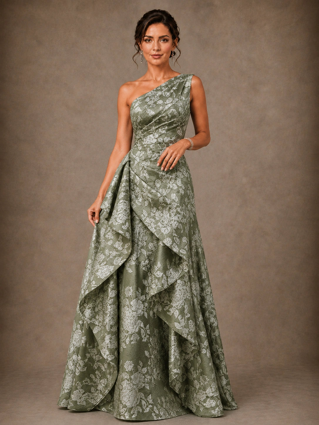 One Shoulder Floral Jacquard Mother of the Bride Gown