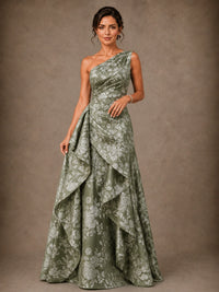 One Shoulder Floral Jacquard Mother of the Bride Gown