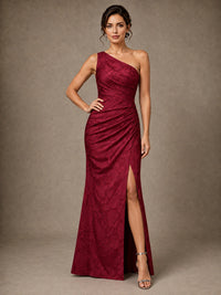 One Shoulder Floral Jacquard Evening Gown with Slit