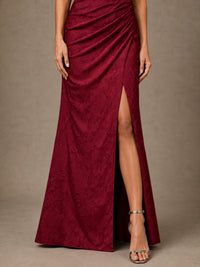 One Shoulder Floral Jacquard Evening Gown with Slit