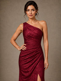 One Shoulder Floral Jacquard Evening Gown with Slit